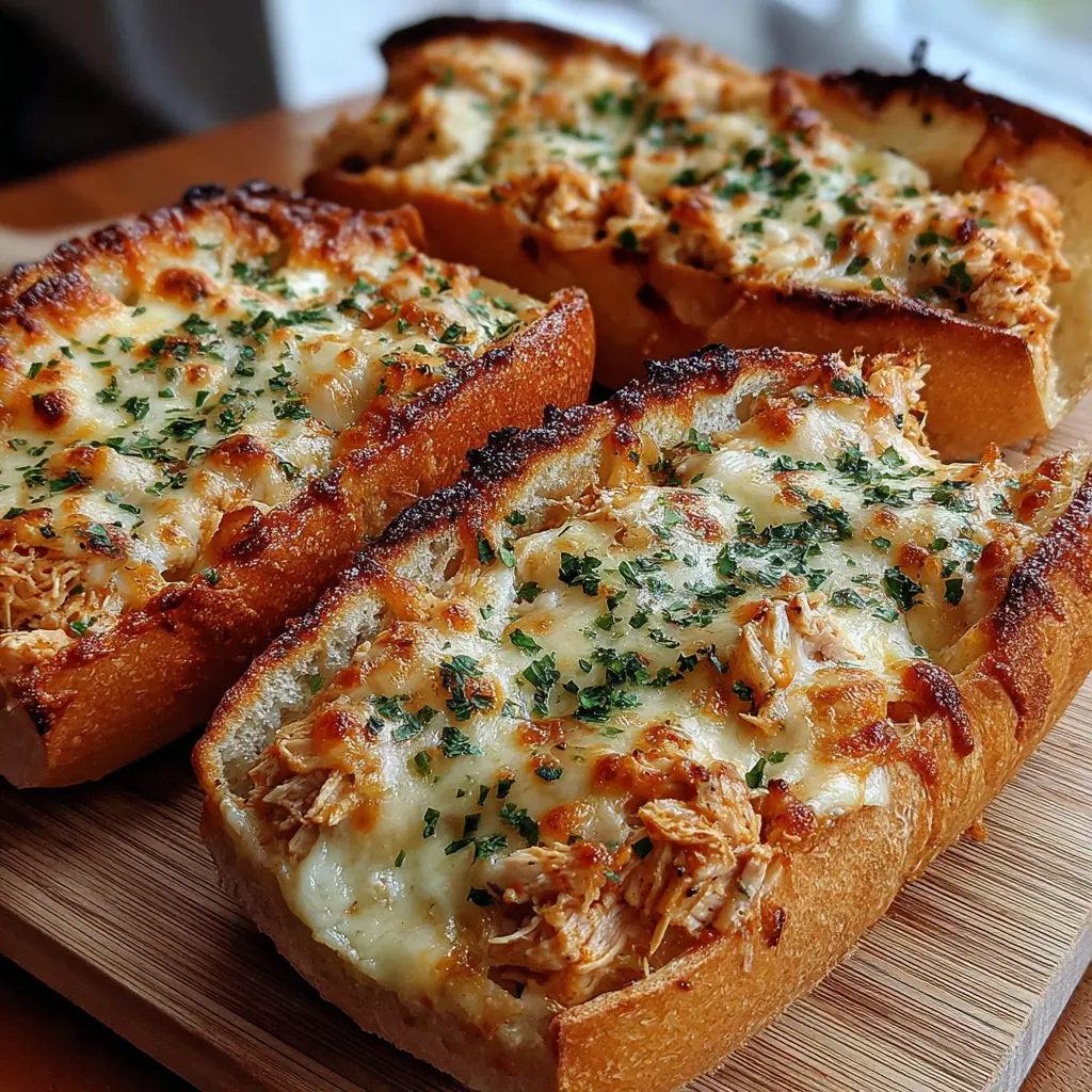 healthy cheesy chicken garlic bread boats close up