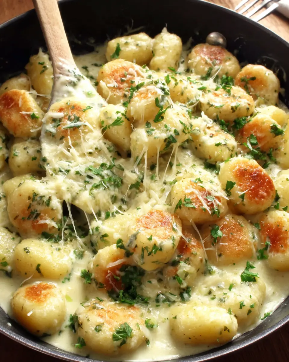 healthy creamy garlic chicken gnocchi close up