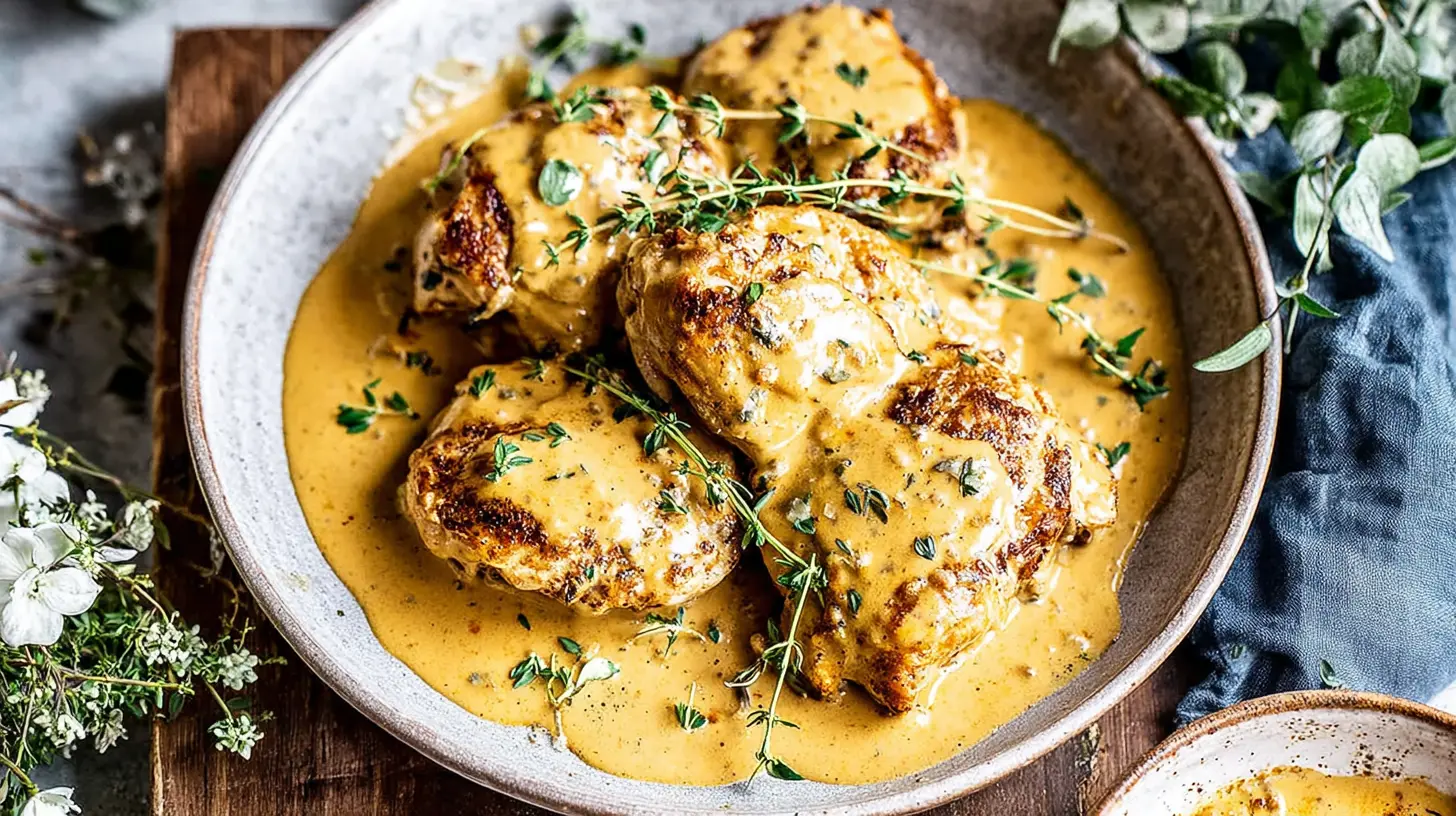 honey dijon chicken skillet served with rice and asparagus
