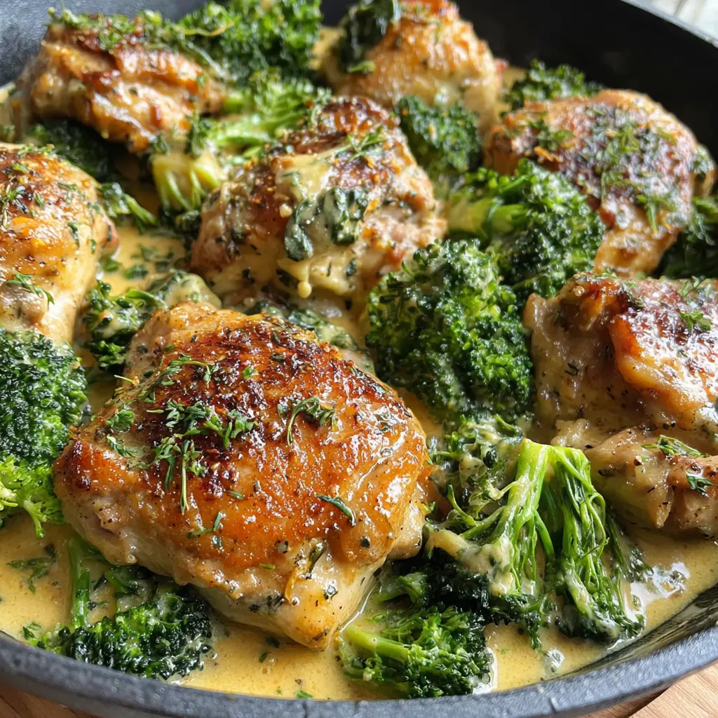 honey mustard chicken skillet broccoli close up