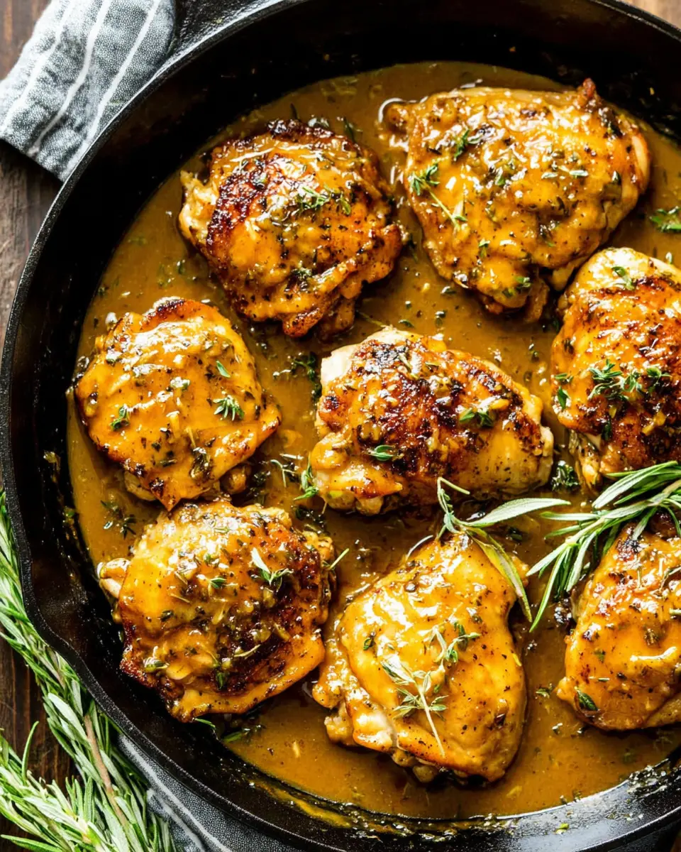 close up of honey mustard sauce coating chicken in skillet