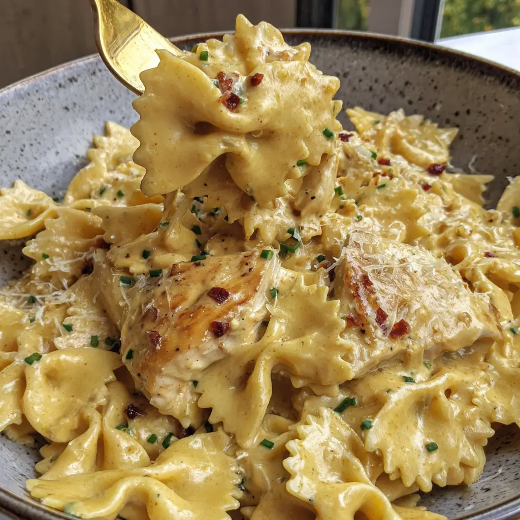 honey mustard chicken skillet pasta close up
