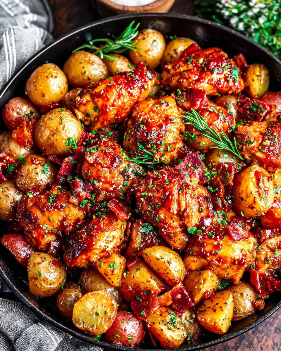 best honey mustard chicken skillet with roasted potatoes close up