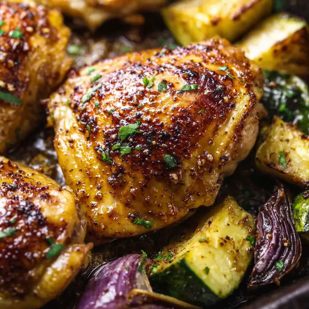 close up of honey mustard glaze on chicken and vegetables