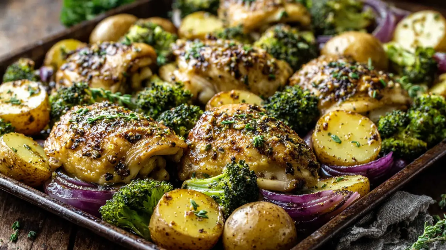 honey mustard sheet pan chicken and veggies served on a plate
