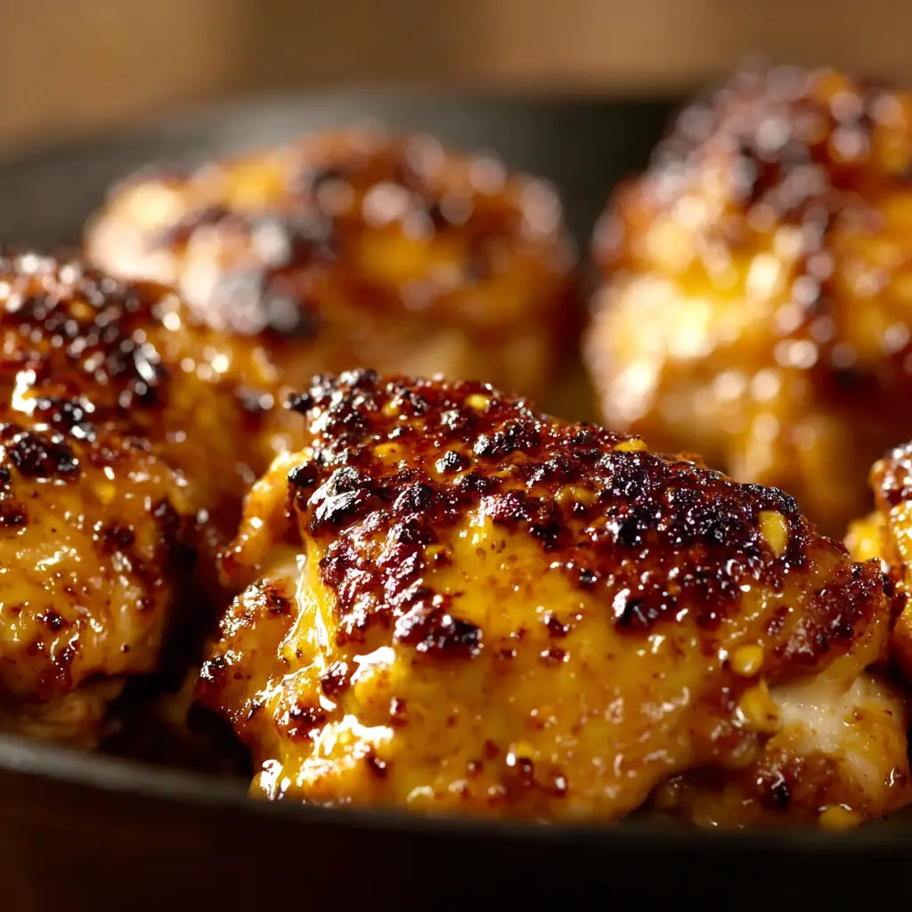 honey mustard skillet chicken thighs close up