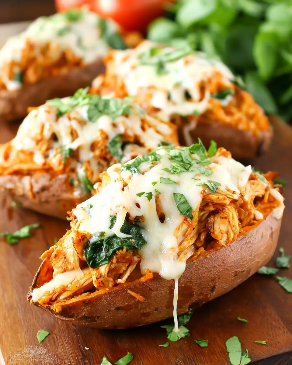 close up of stuffed sweet potato filling with chicken and spinach