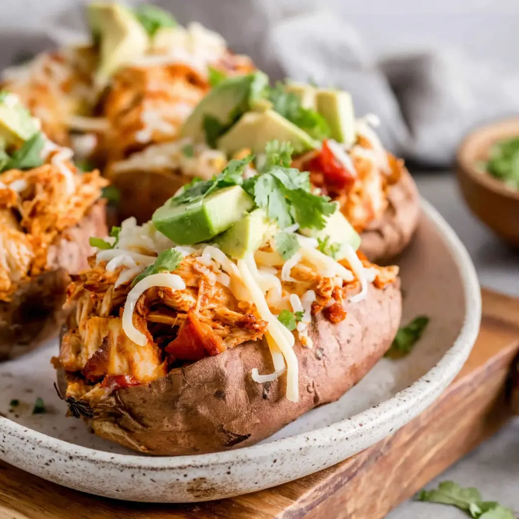 fully assembled mexican chicken stuffed sweet potatoes on a plate