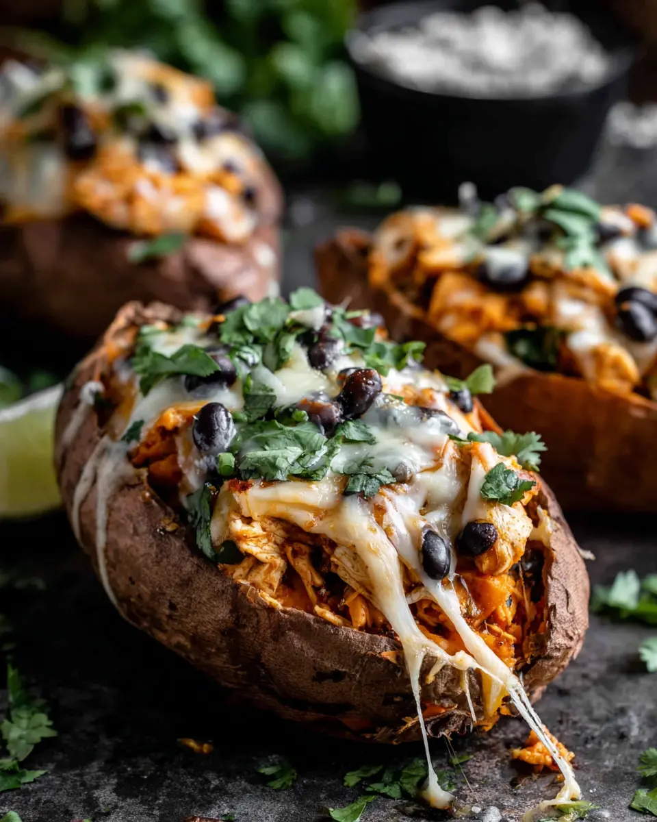 mexican chicken stuffed sweet potatoes black bean close up