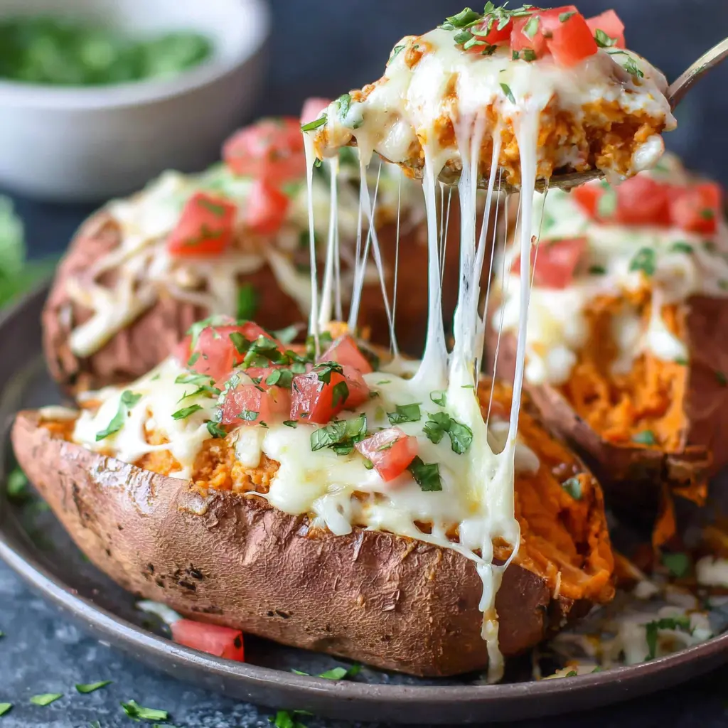 close up of seasoned chicken and toppings for sweet potato bowl