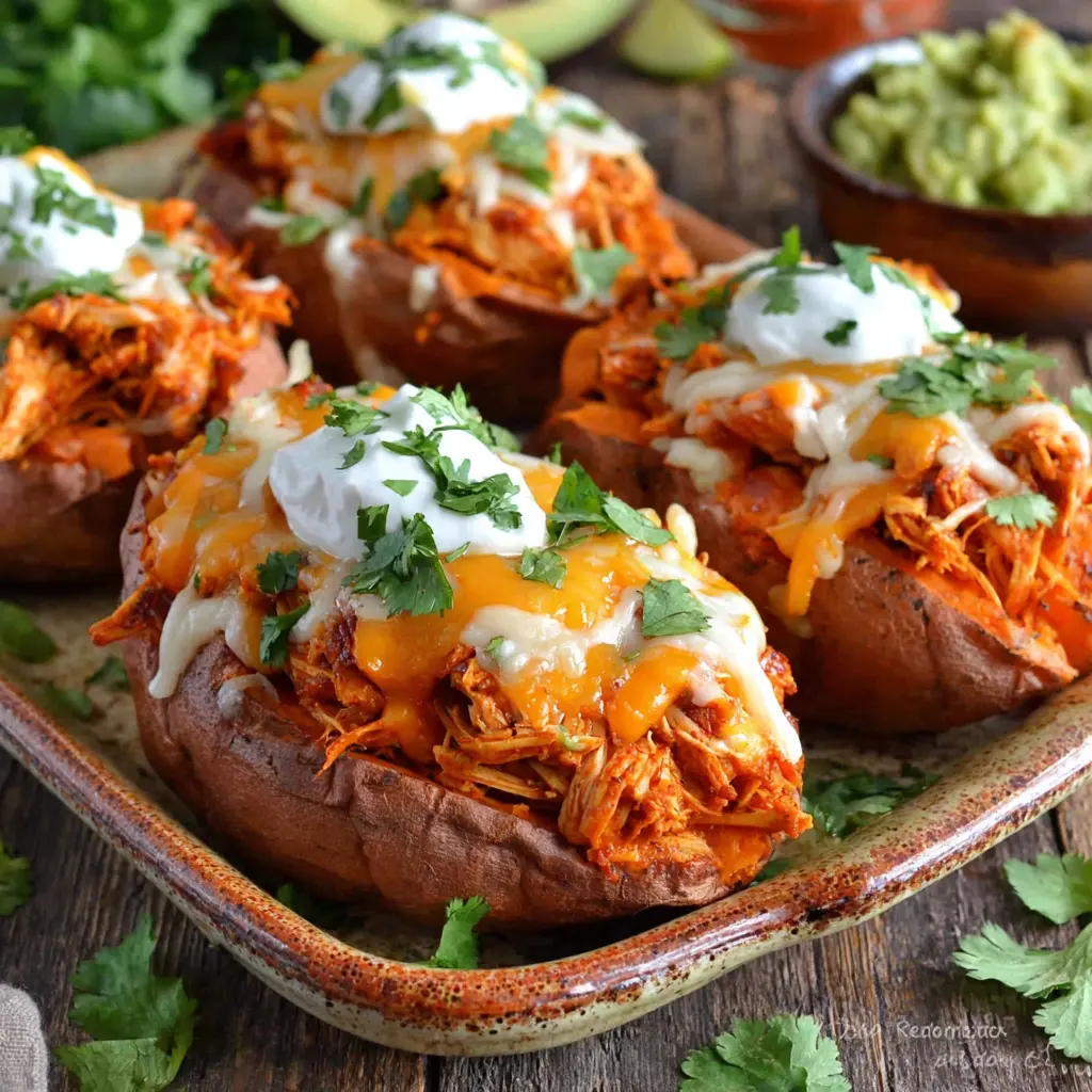 mexican chicken stuffed sweet potatoes casserole served with toppings