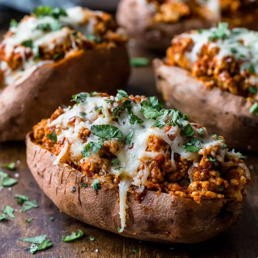mexican chicken stuffed sweet potatoes ground turkey close up
