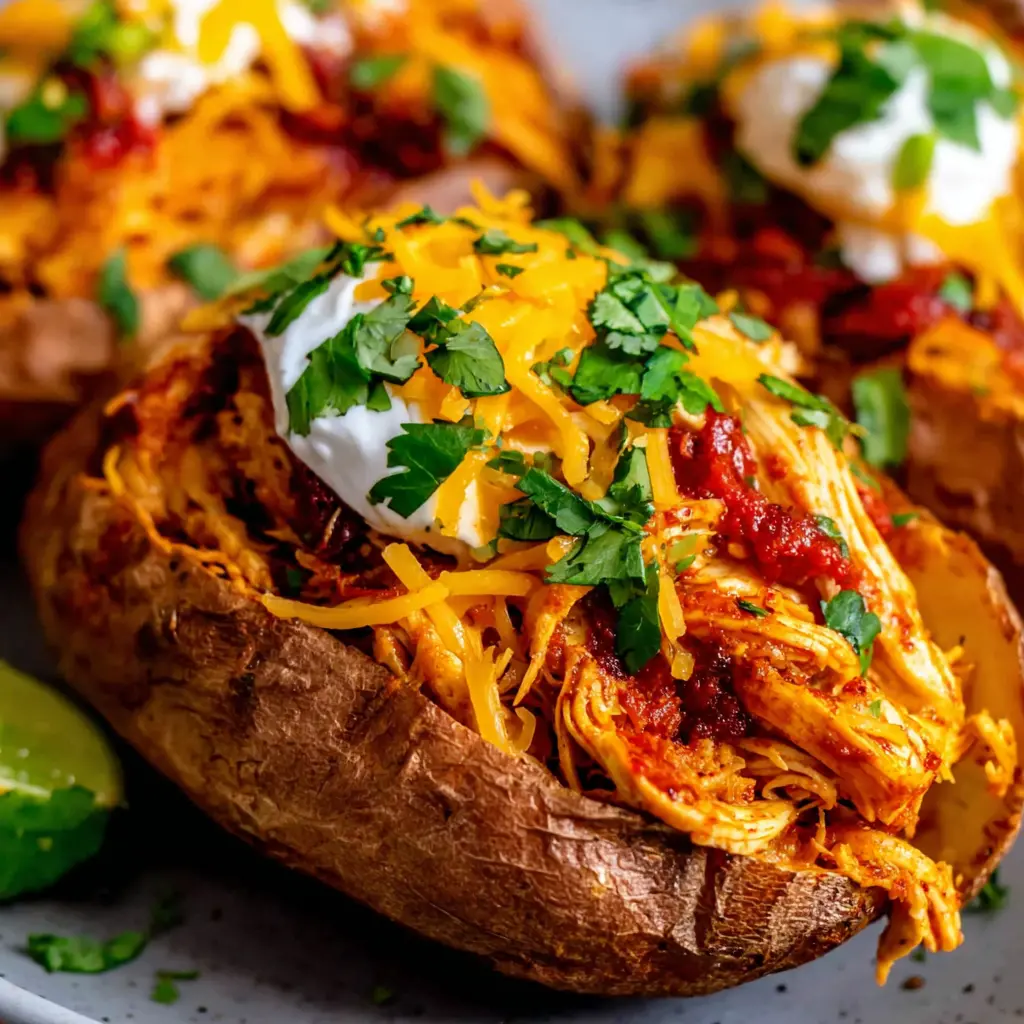 mexican chicken stuffed sweet potatoes with feta close up