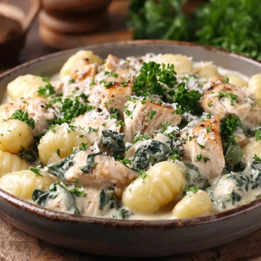 one pan creamy garlic chicken gnocchi final presentation