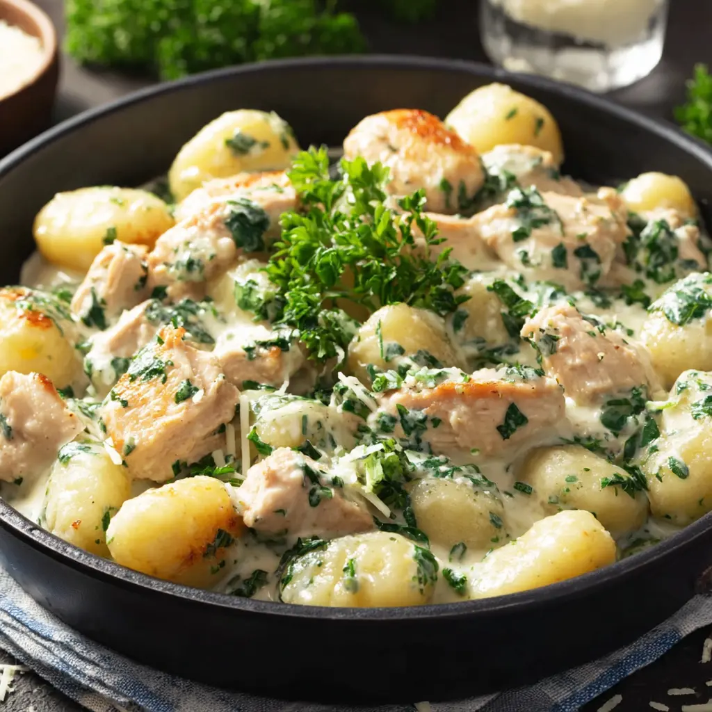 one pan creamy garlic chicken gnocchi close up
