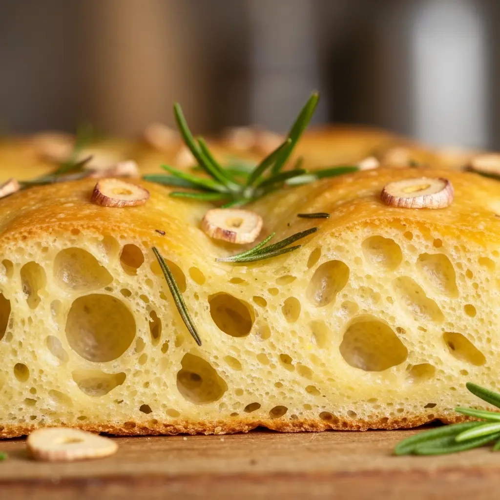 roasted garlic and rosemary focaccia close up