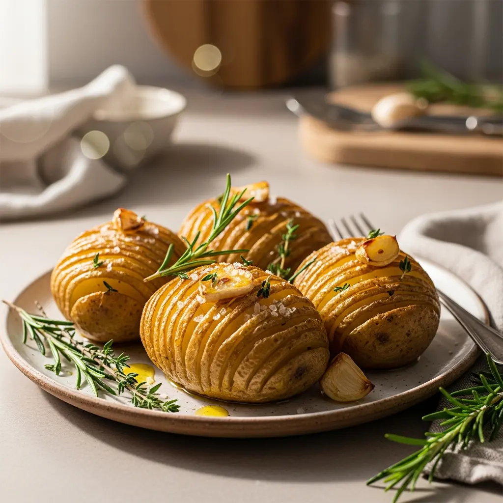 roasted garlic hasselback potatoes final presentation