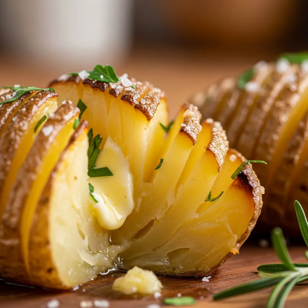 roasted garlic hasselback potatoes close up