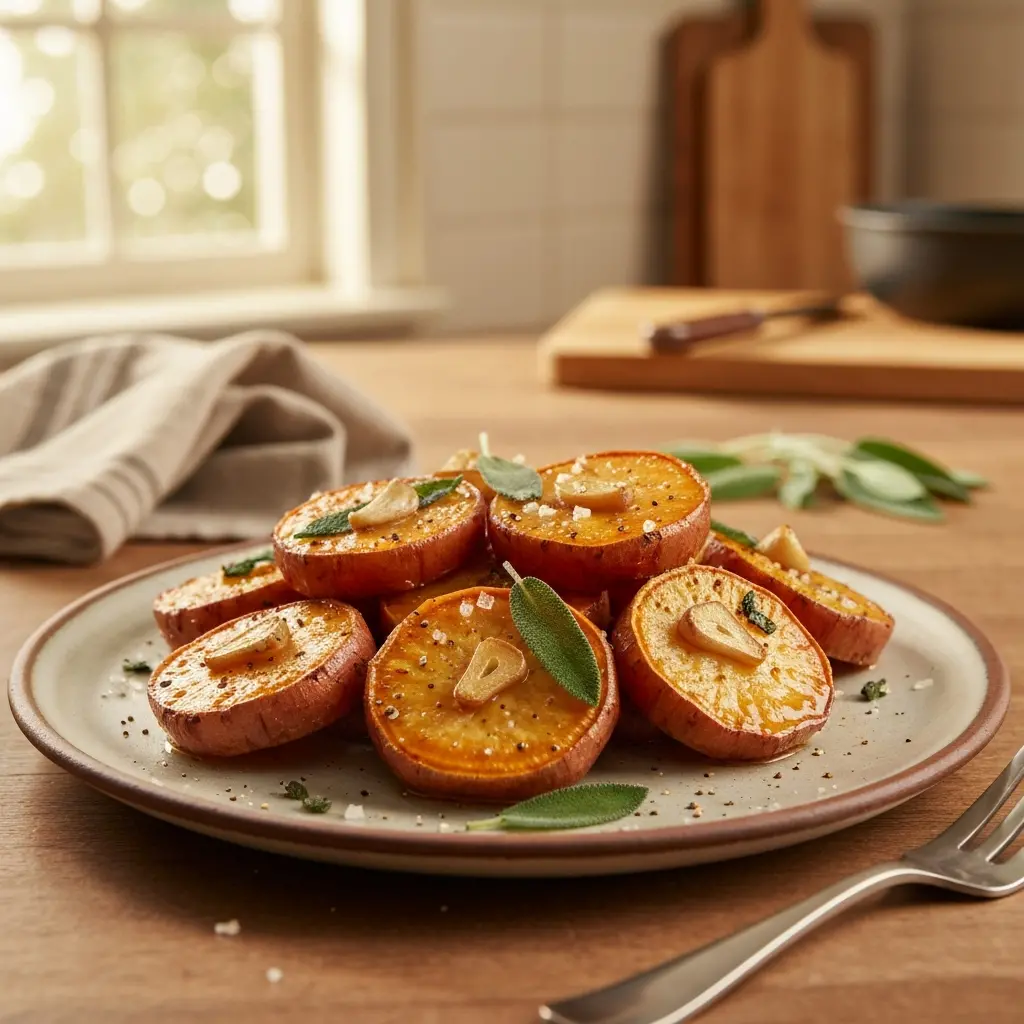 garlic roasted japanese sweet potatoes final presentation