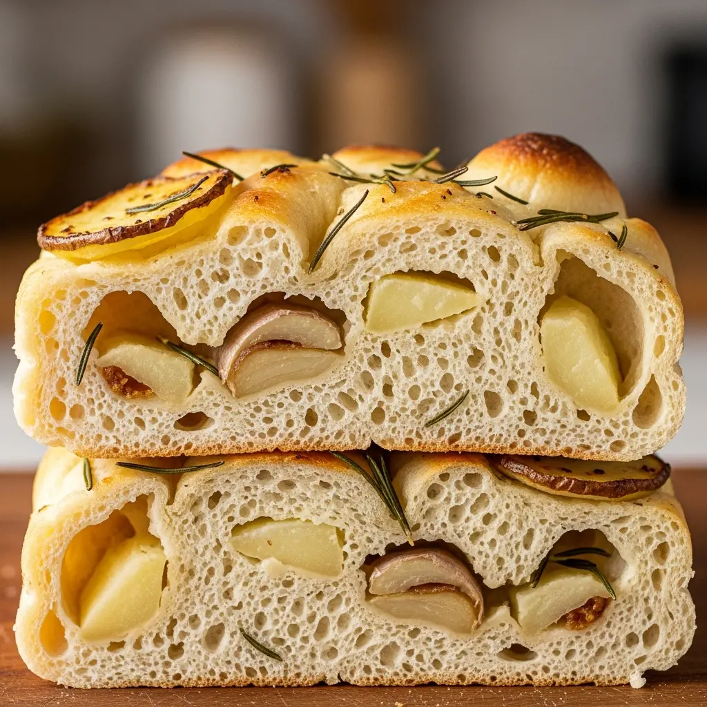 roasted garlic potato focaccia close up