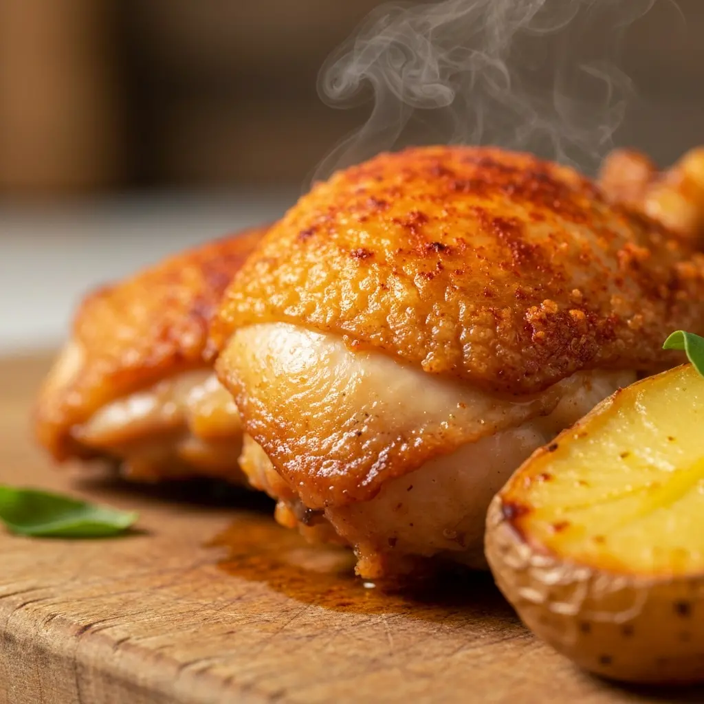 roasted garlic potatoes and chicken close up