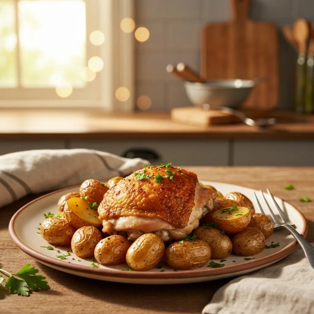 roasted garlic potatoes and chicken final presentation