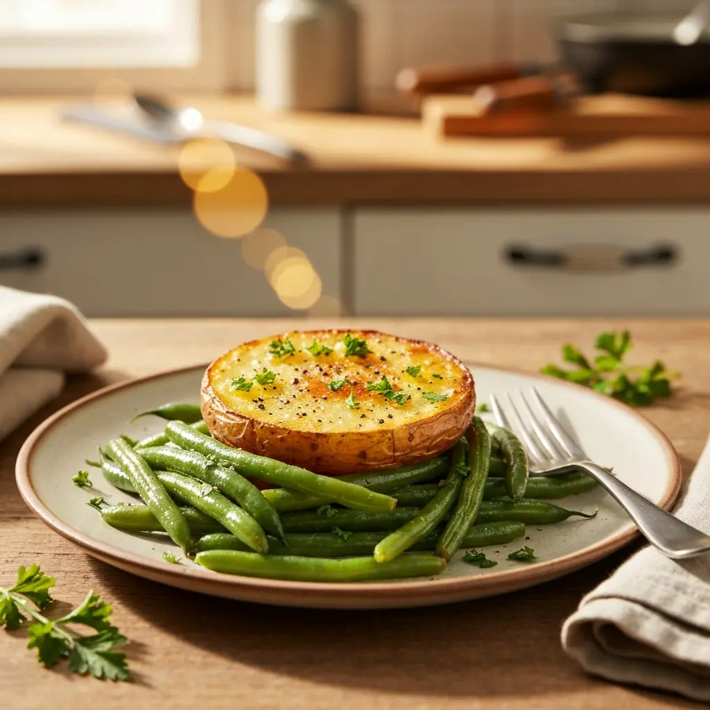 roasted garlic potatoes and green beans final presentation
