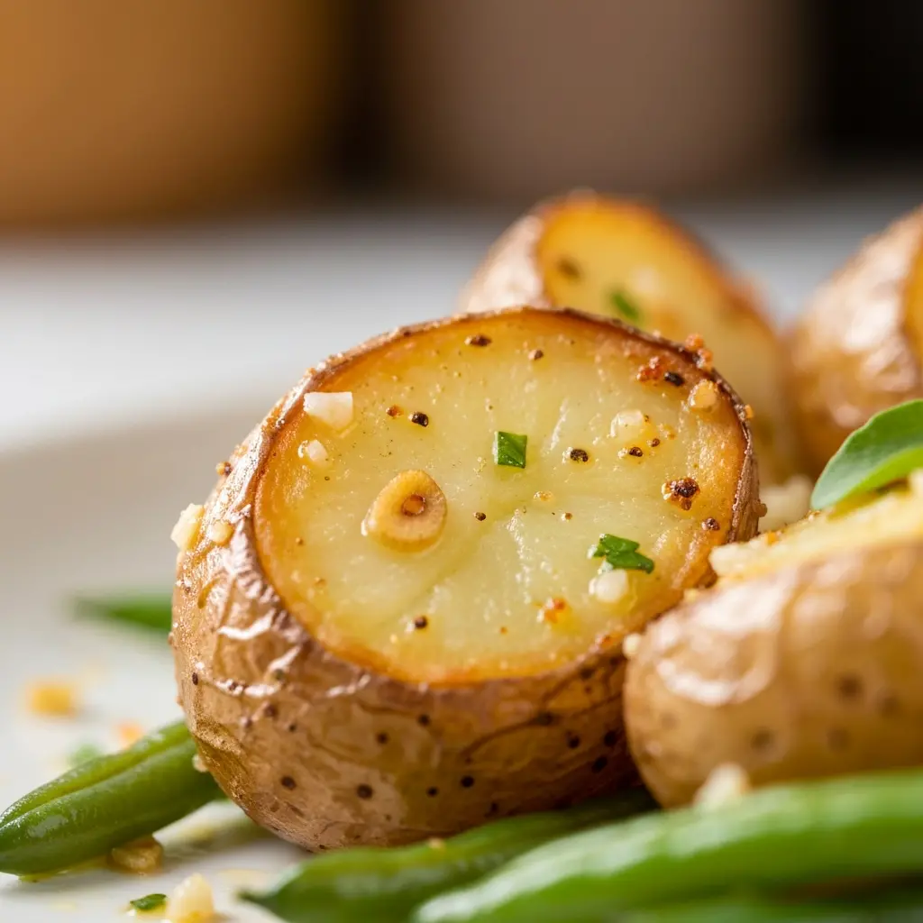 roasted garlic potatoes and green beans close up
