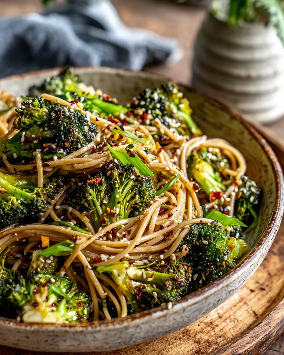 spicy garlic noodle stir fry broccoli close up