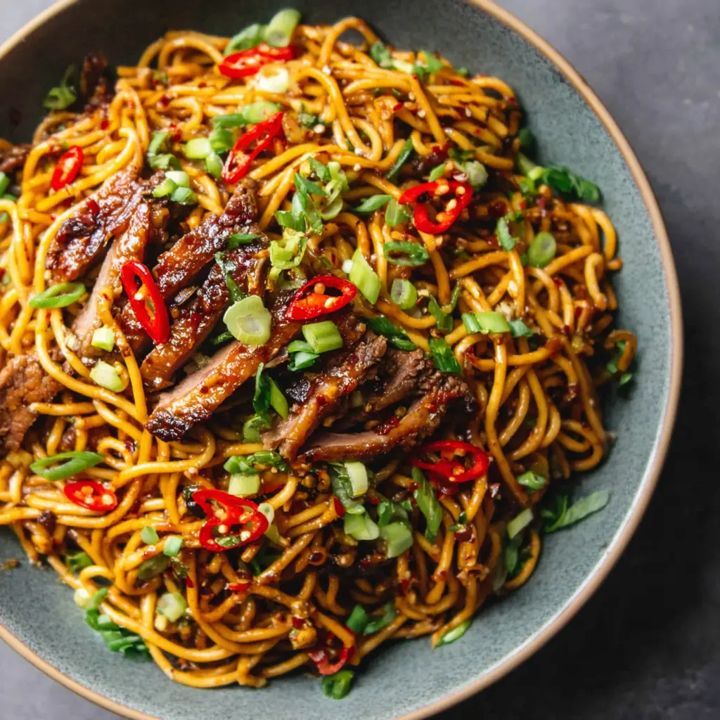 spicy garlic noodle stir fry duck breast