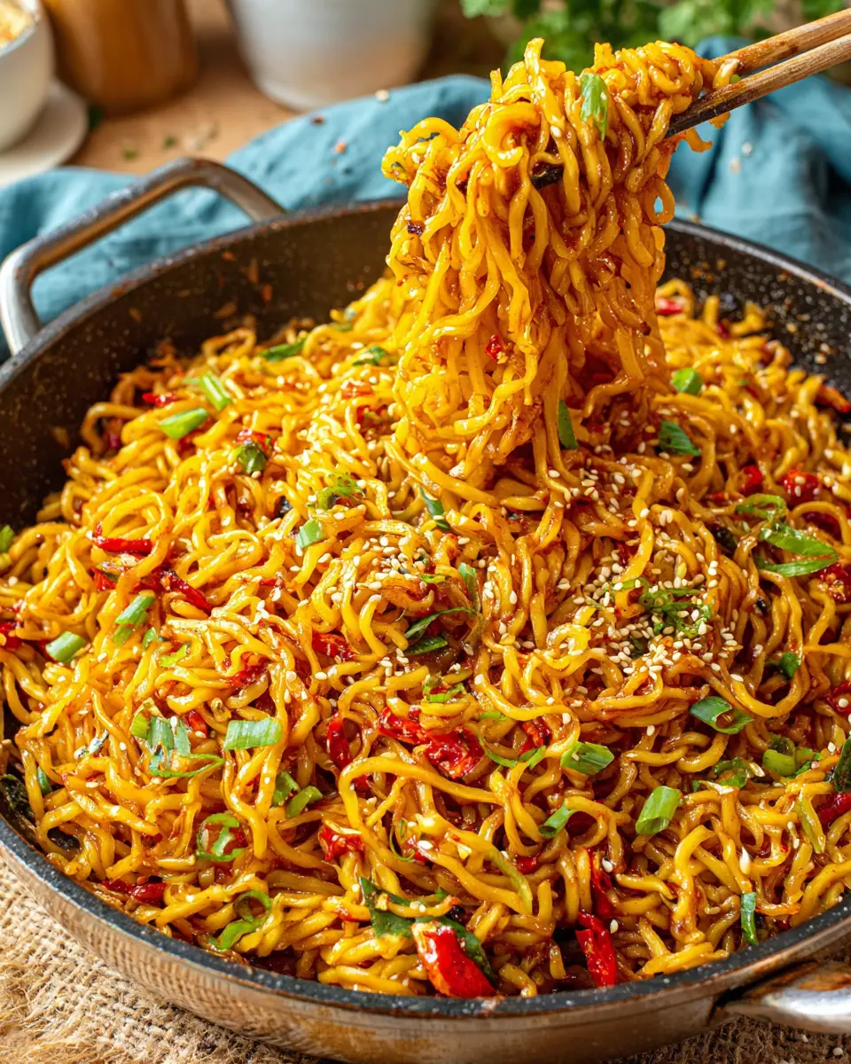 spicy garlic noodle stir fry gochujang close up
