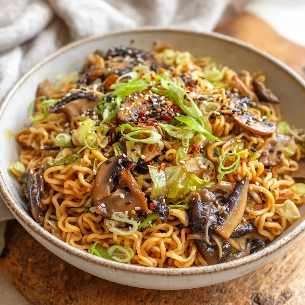 spicy garlic noodle stir fry mushroom close up