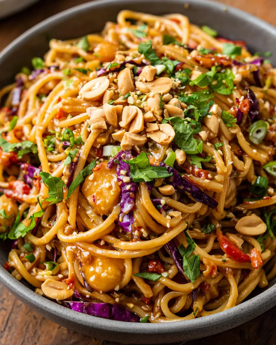 spicy garlic noodle stir fry peanut sauce close up