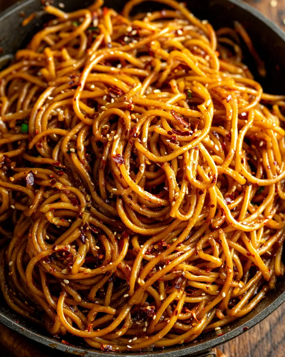 spicy garlic noodle stir fry quick close up