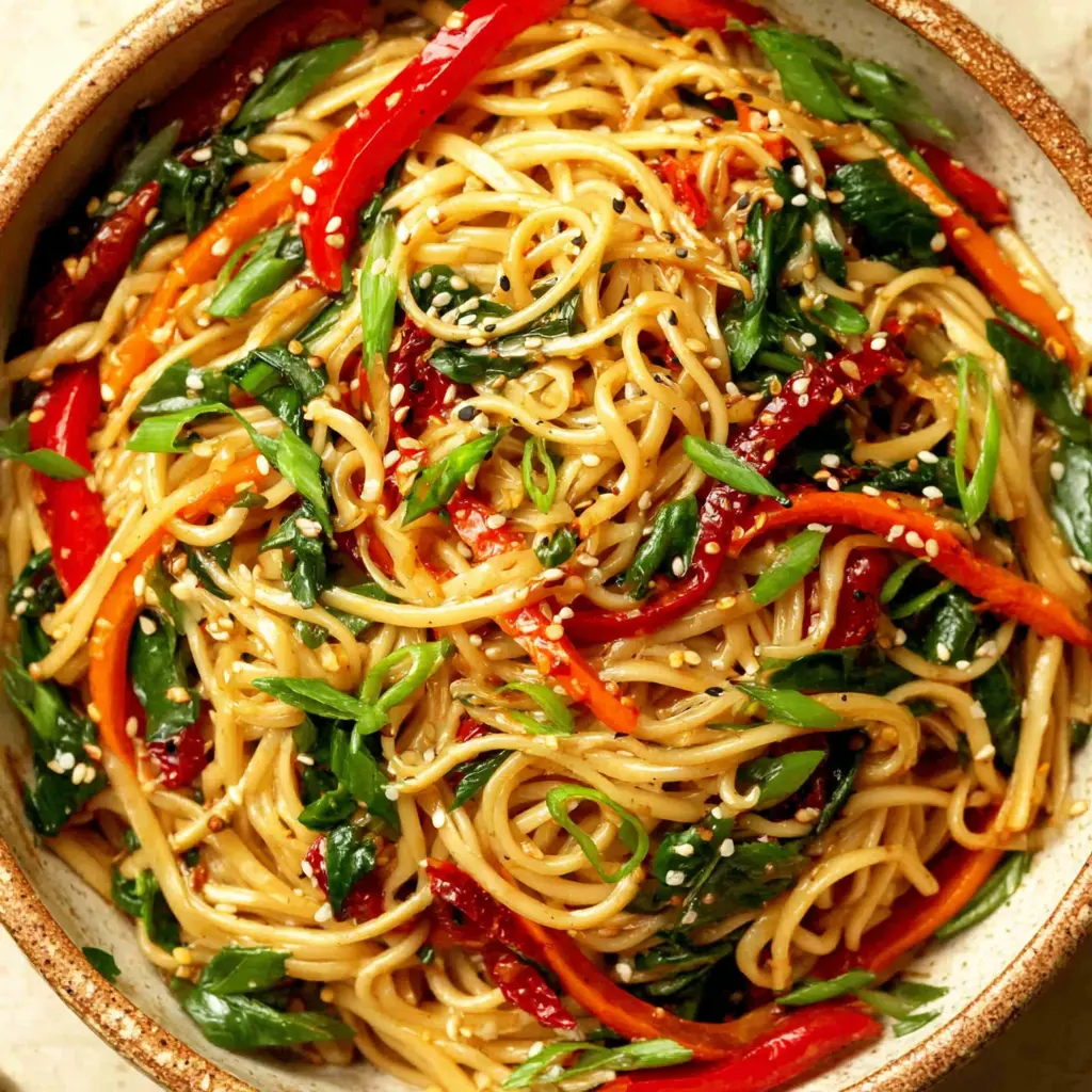 spicy garlic noodle stir fry final presentation with sides