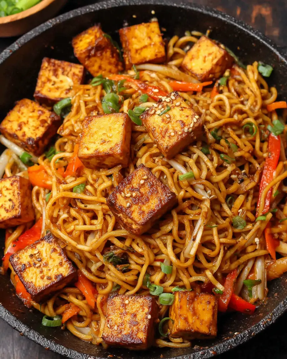 spicy garlic noodle stir fry tofu close up