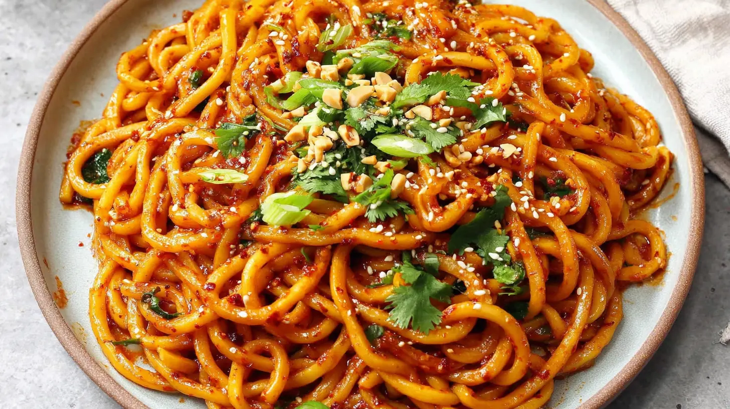 spicy garlic noodle stir fry udon served in a bowl with chopsticks