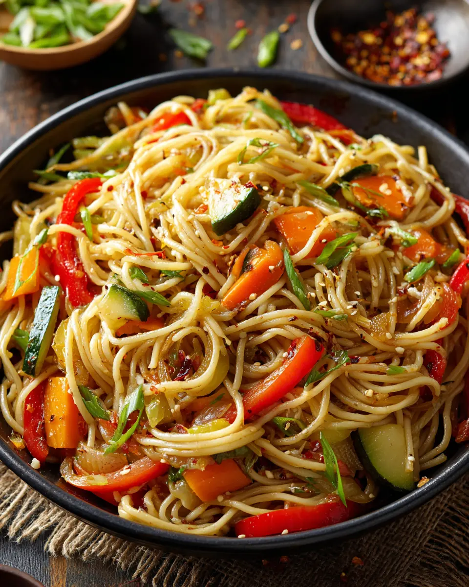 spicy garlic noodle stir fry vegetables close up