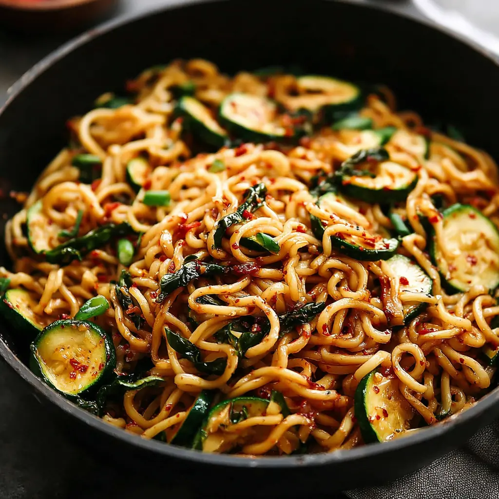 spicy garlic noodle stir fry zucchini close up