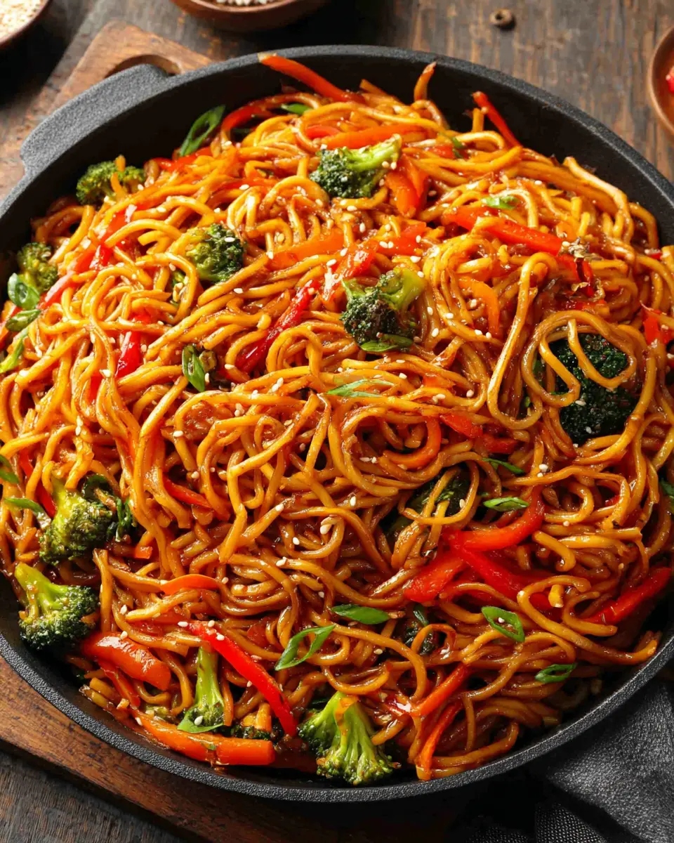 sweet & spicy garlic noodle stir fry close up
