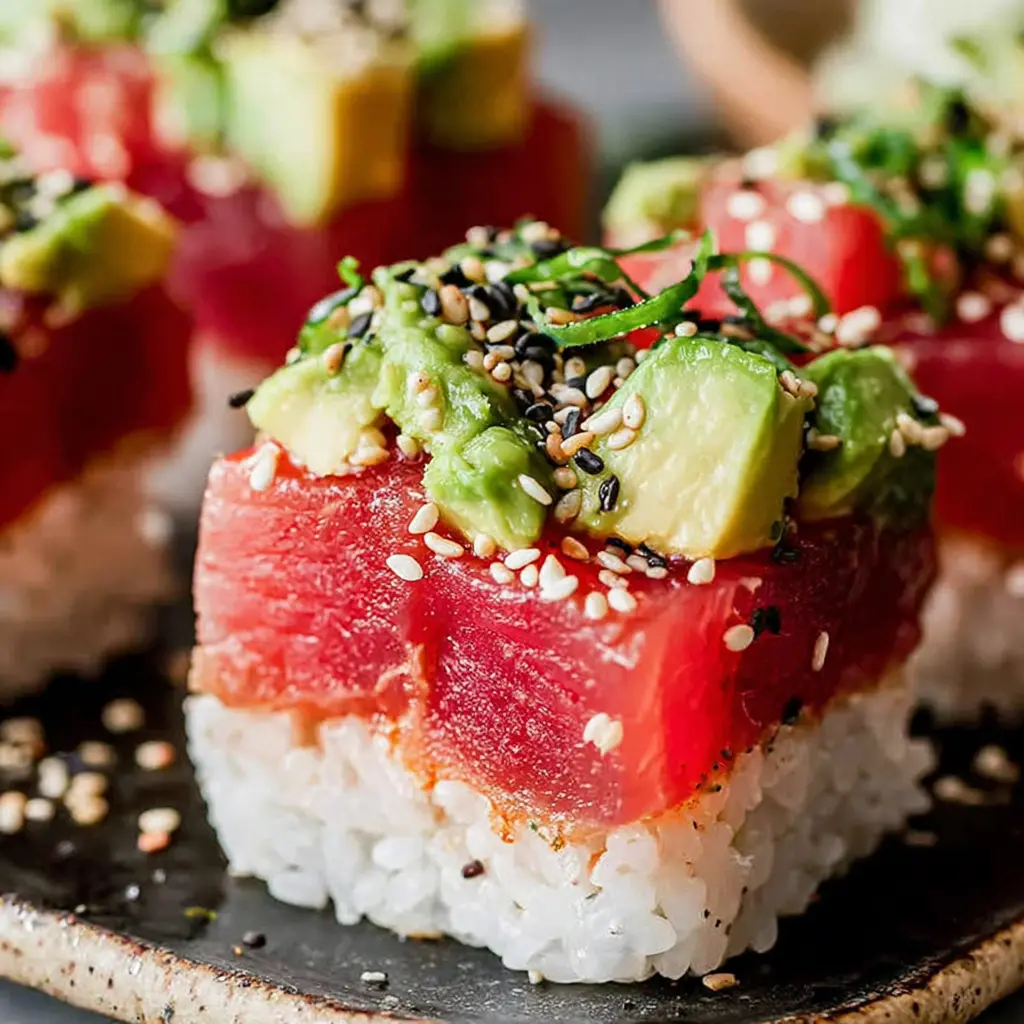 Avocado Tuna Sushi Stack close up