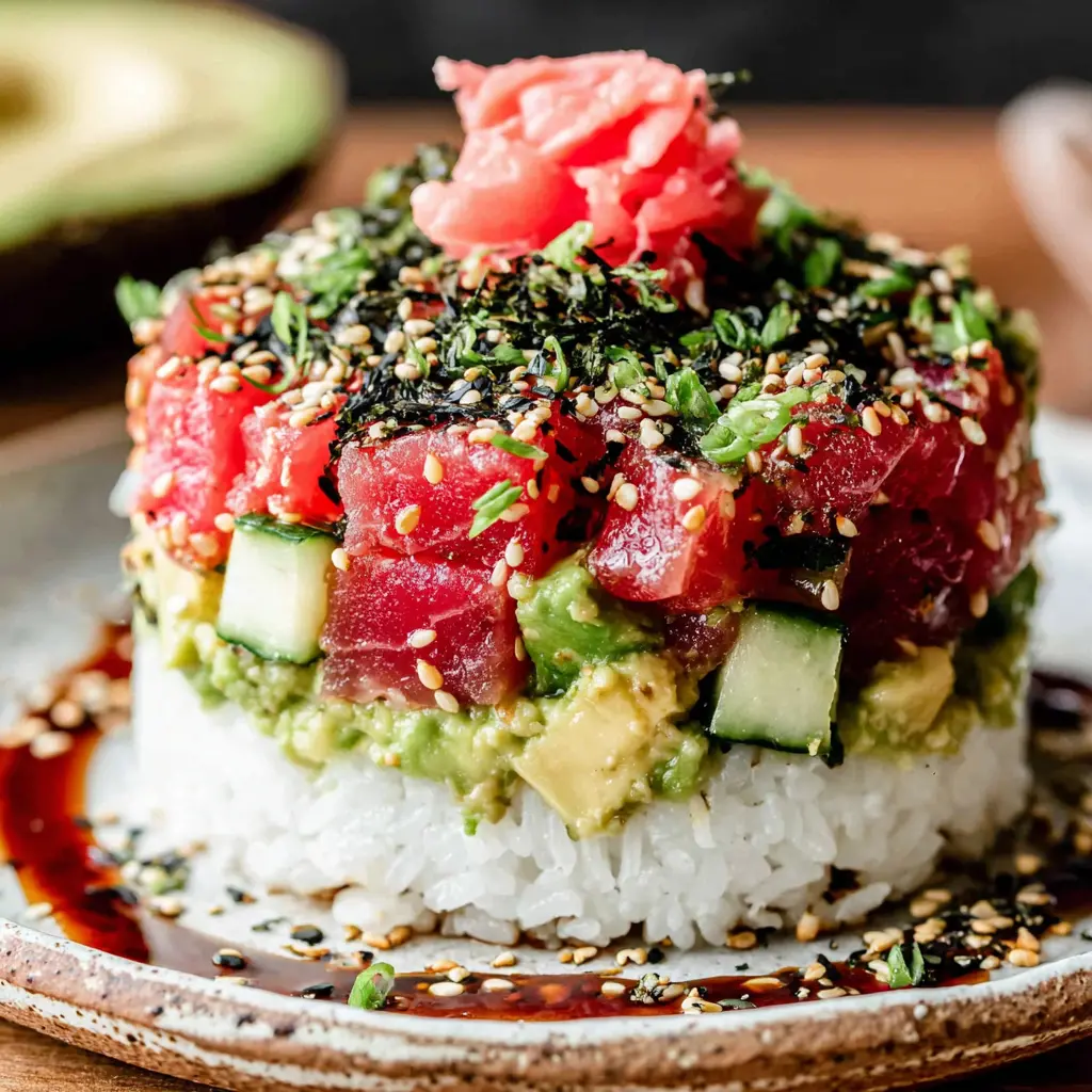 Avocado Tuna Sushi Stack final presentation