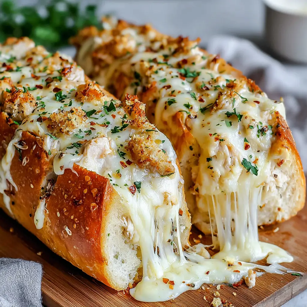 Chicken Alfredo Stuffed Garlic Bread close up