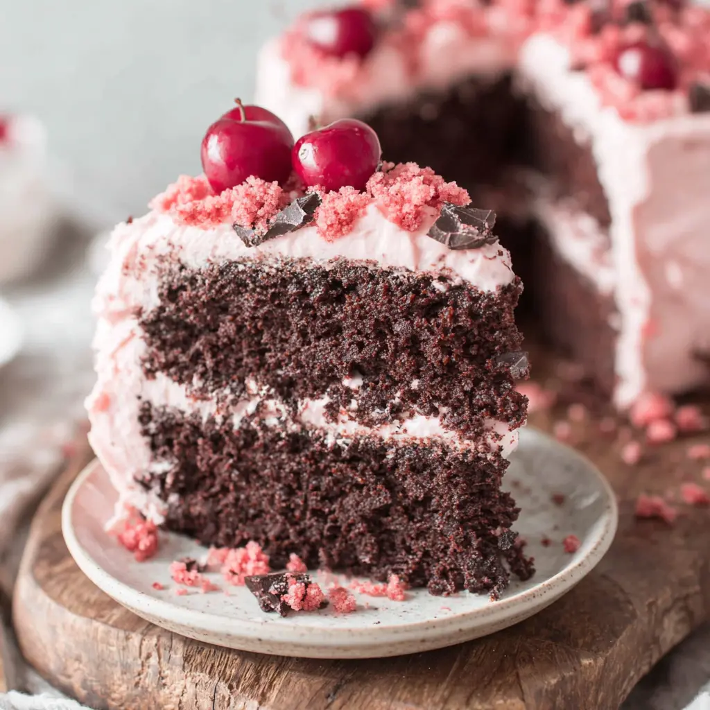 Chocolate Cherry Layer Cake final presentation