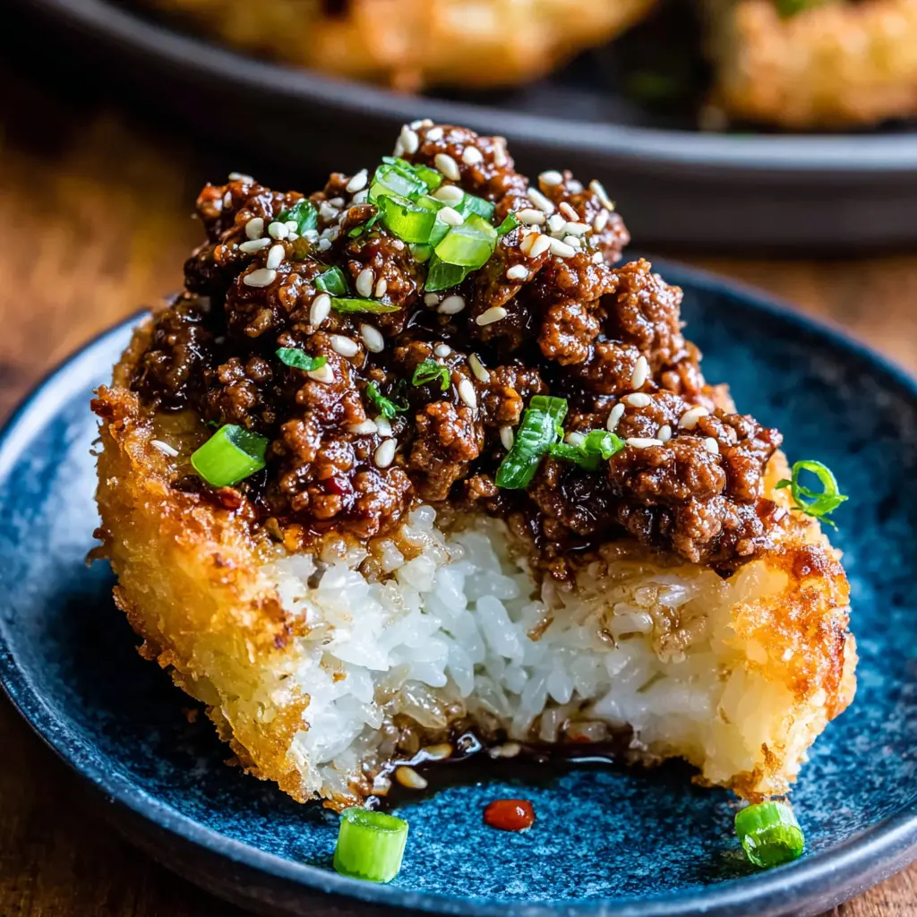 Crispy Rice Beef Bowl close up