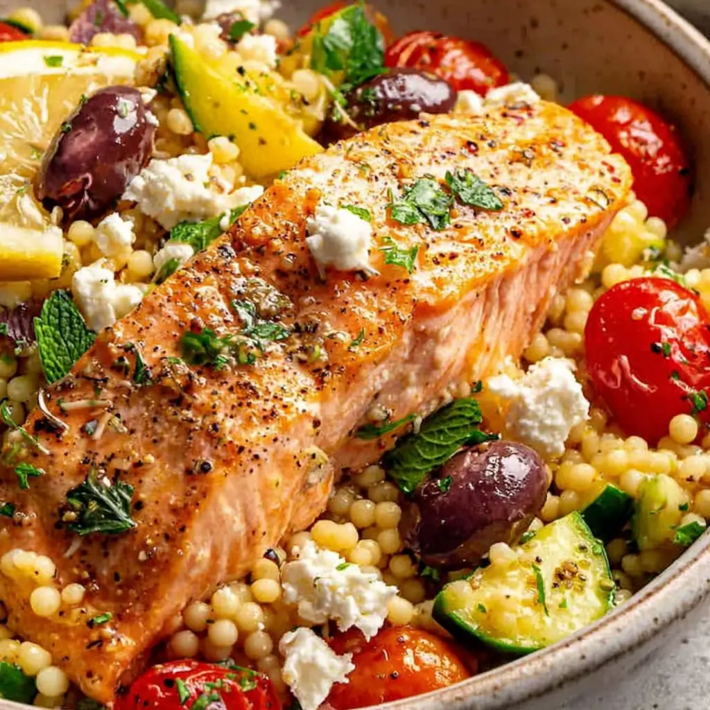 Mediterranean Salmon Couscous Bowl close up