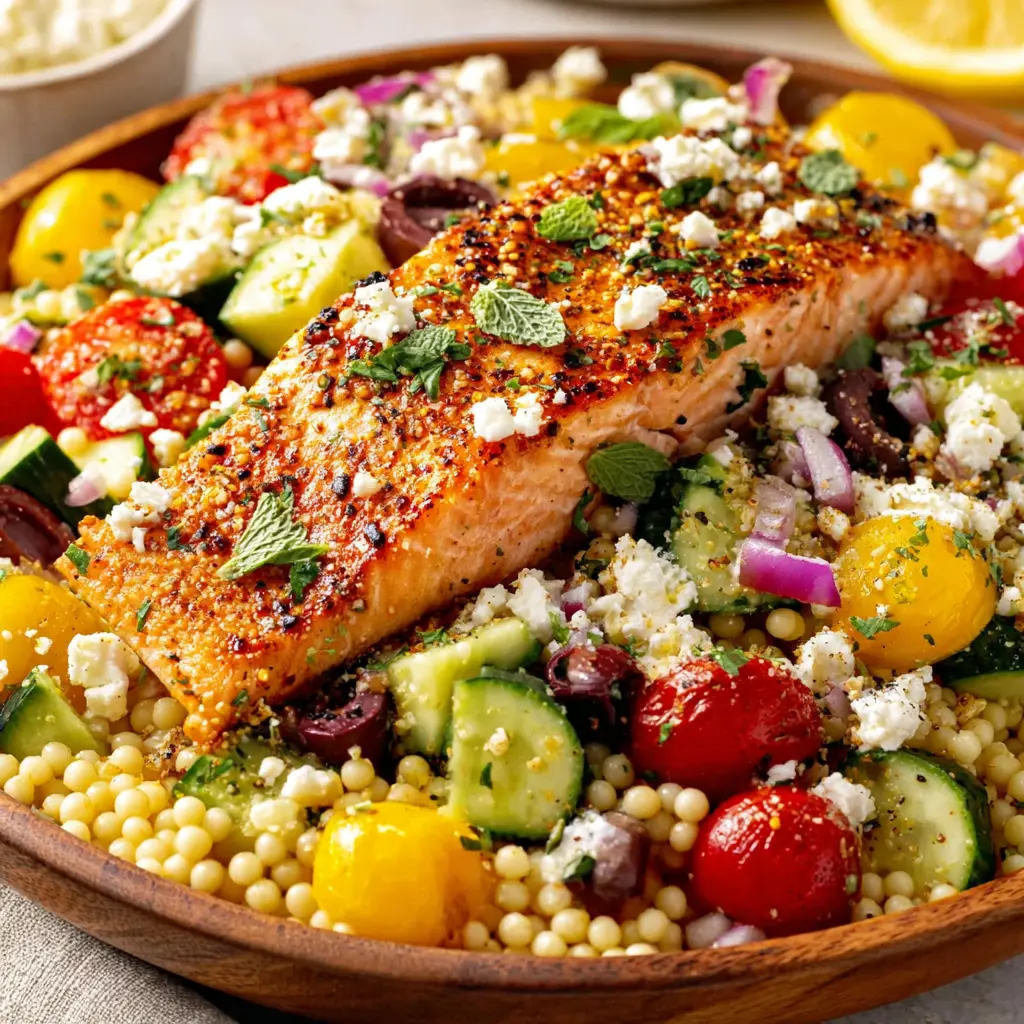 Mediterranean Salmon Couscous Bowl final presentation