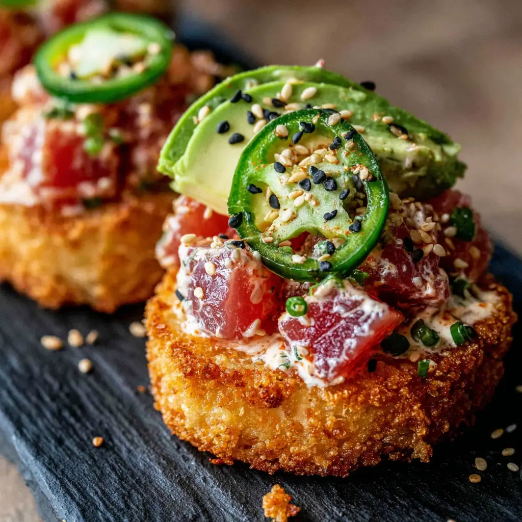 Spicy Tuna Rice Cakes close up