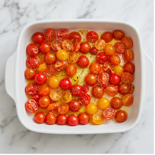 Step 1: Tossing cherry tomatoes with olive oil