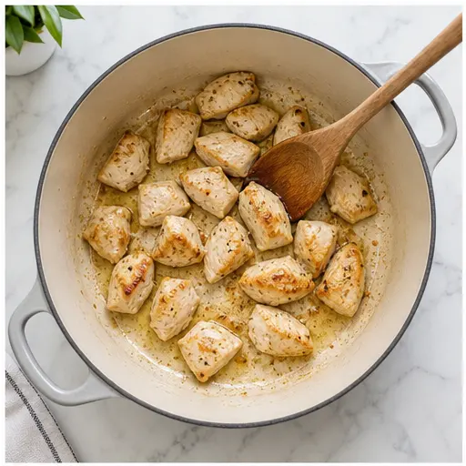 Step 1: Sauté chicken pieces in butter until golden